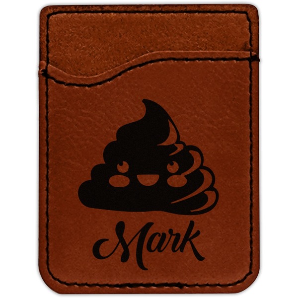 Poop Emoji Cognac Leatherette Phone Wallet close up