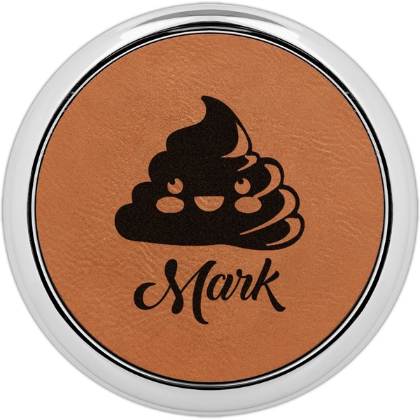 Custom Poop Emoji Leatherette Round Coaster w/ Silver Edge (Personalized)