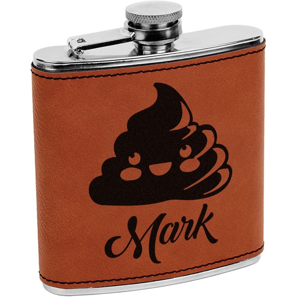 Custom Poop Emoji Leatherette Wrapped Stainless Steel Flask (Personalized)