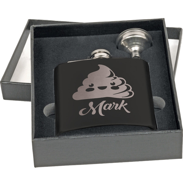 Poop Emoji Engraved Black Flask Gift Set