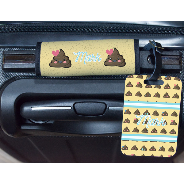 Poop Emoji Metal Luggage Tag & Handle Wrap - In Context