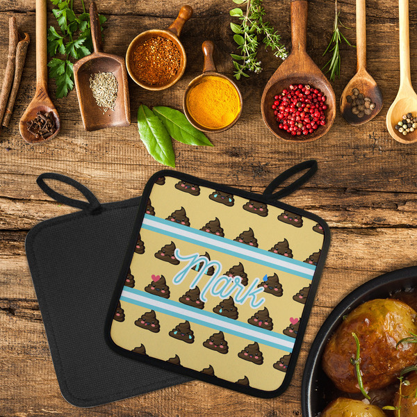 Poop Emoji Neoprene Pot Holder - Set of 2  LIFESTYLE (Flatlay)