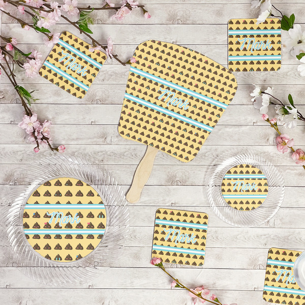 Poop Emoji Party Supplies Combination Image - All items - Plates, Coasters, Fans