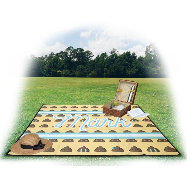 Poop Emoji Picnic Blanket - with Basket Hat and Book - in Use