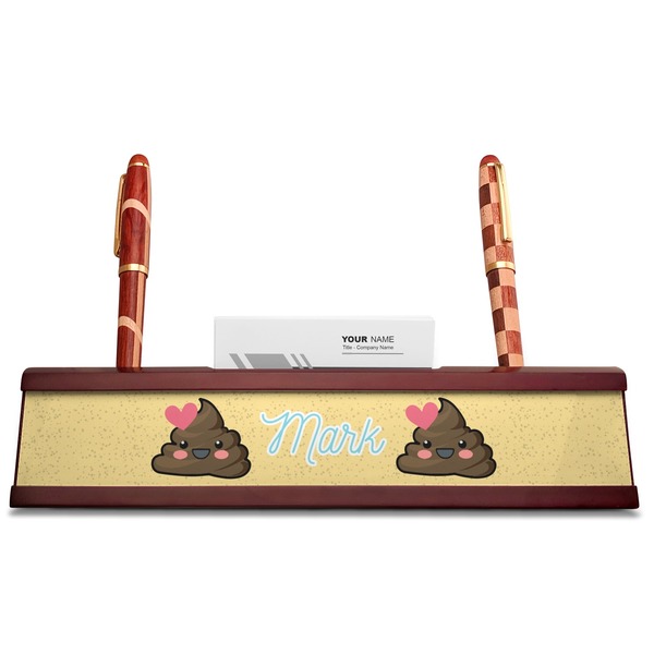 Poop Emoji Red Mahogany Nameplates with Business Card Holder - Straight
