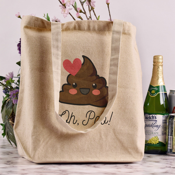 Poop Emoji Reusable Cotton Grocery Bag - In Context