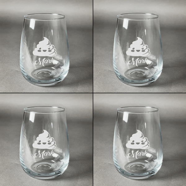Poop Emoji Set of Four Personalized Stemless Wineglasses (Approval)