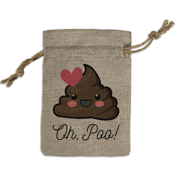 Custom Poop Emoji Small Burlap Gift Bag - Front (Personalized)