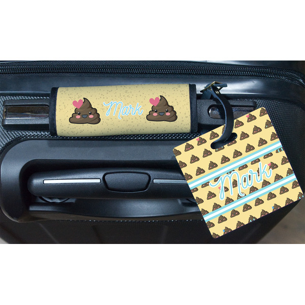 Poop Emoji Square Luggage Tag & Handle Wrap - In Context