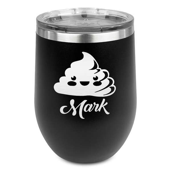 Custom Poop Emoji Stemless Stainless Steel Wine Tumbler - Black - Double Sided (Personalized)