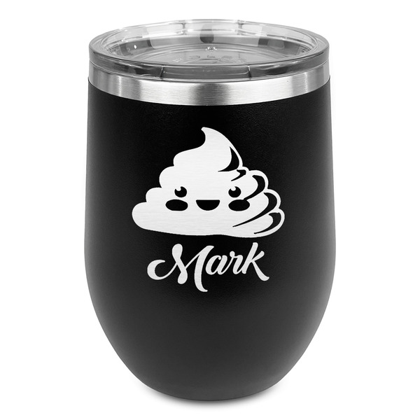 Custom Poop Emoji Stemless Stainless Steel Wine Tumbler - Black - Double Sided (Personalized)