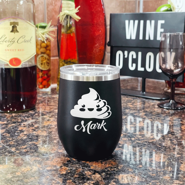Poop Emoji Stainless Wine Tumblers - Black - Double Sided - In Context