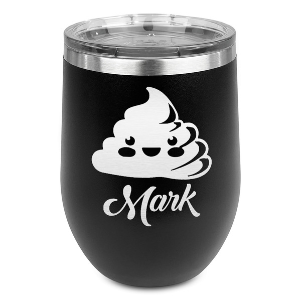 Custom Poop Emoji Stemless Stainless Steel Wine Tumbler - Black - Single Sided (Personalized)