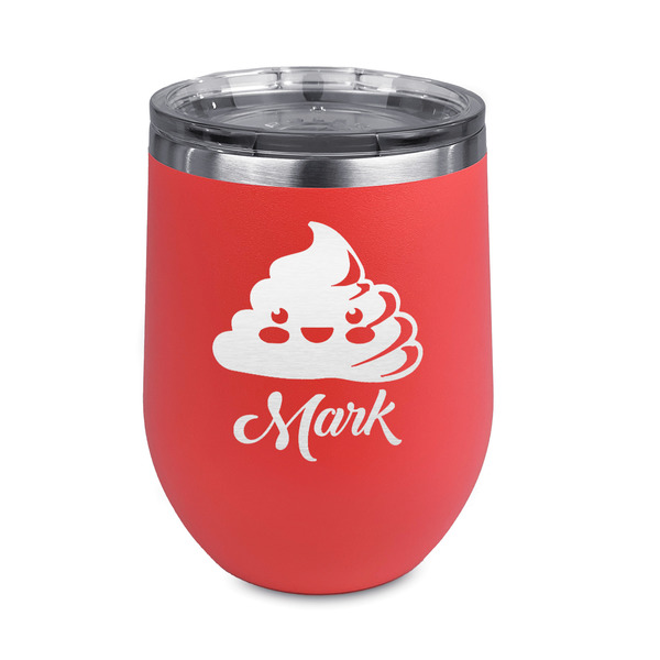Custom Poop Emoji Stemless Stainless Steel Wine Tumbler - Coral - Double Sided (Personalized)
