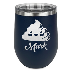 Poop Emoji Stemless Stainless Steel Wine Tumbler - Navy - Double Sided (Personalized)