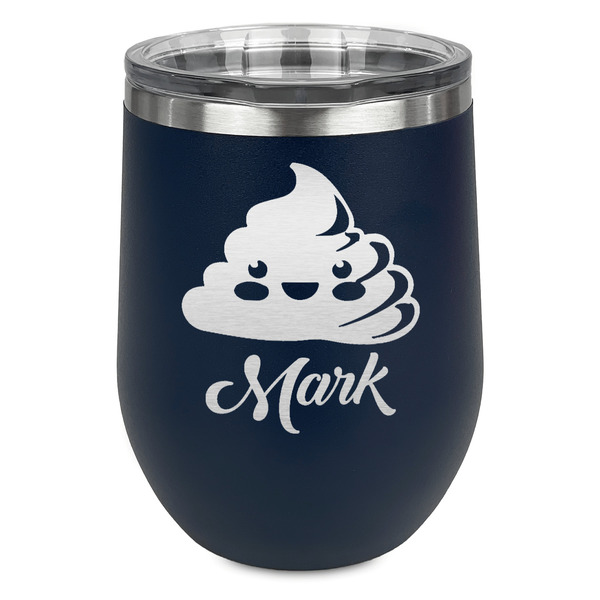 Custom Poop Emoji Stemless Stainless Steel Wine Tumbler - Navy - Double Sided (Personalized)