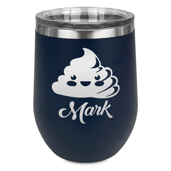 Poop Emoji Stainless Wine Tumblers - Navy - Single Sided - Front