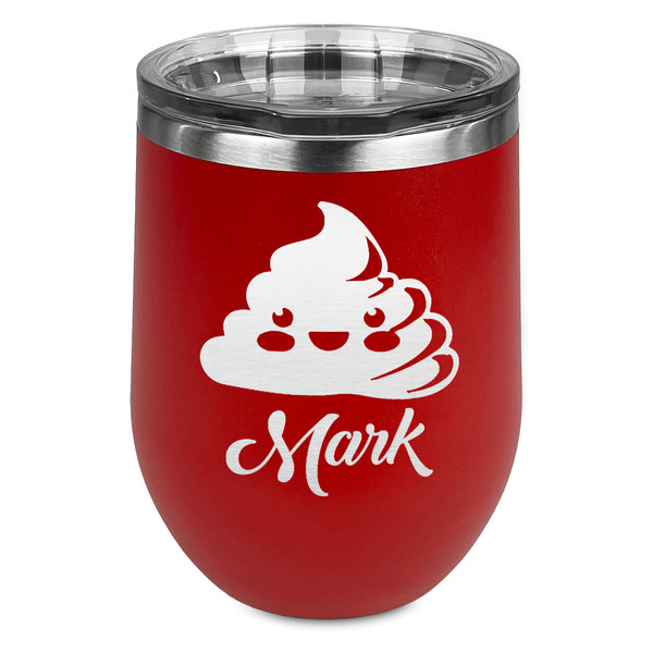 Custom Poop Emoji Stemless Stainless Steel Wine Tumbler - Red - Double Sided (Personalized)