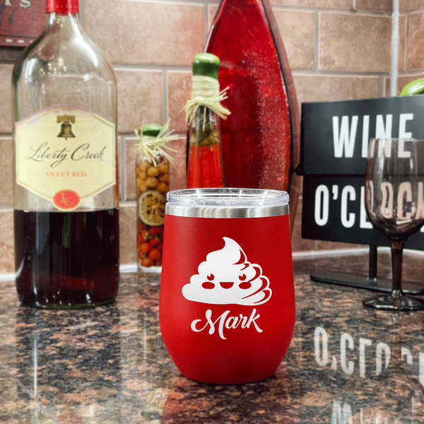 Poop Emoji Stainless Wine Tumblers - Red - Double Sided - In Context