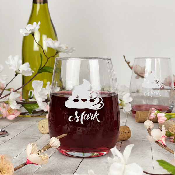Poop Emoji Stemless Wine Glass - In Context