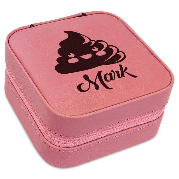 Custom Poop Emoji Travel Jewelry Boxes - Pink Leather (Personalized)