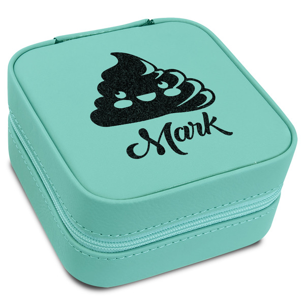 Custom Poop Emoji Travel Jewelry Box - Teal Leather (Personalized)
