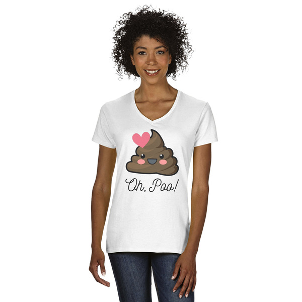 Custom Poop Emoji Women's V-Neck T-Shirt - White - 2XL (Personalized)