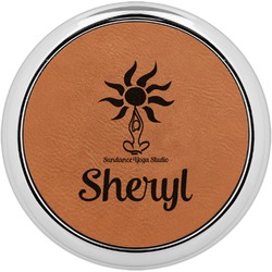 Sundance Yoga Studio Leatherette Round Coaster w/ Silver Edge - Single or Set (Personalized)