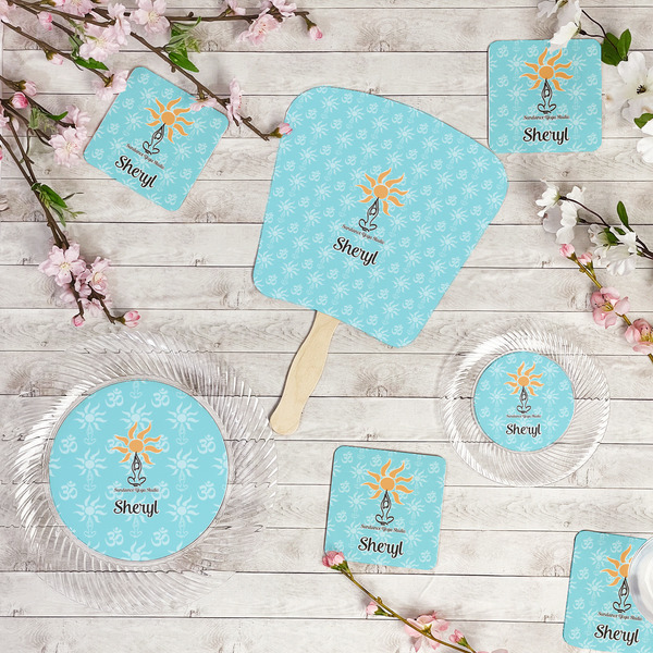 Sundance Yoga Studio Party Supplies Combination Image - All items - Plates, Coasters, Fans