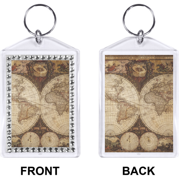 Antique World Map Bling Keychain (Front + Back)