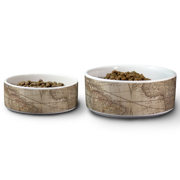 Vintage World Map Ceramic Dog Bowls - Size Comparison