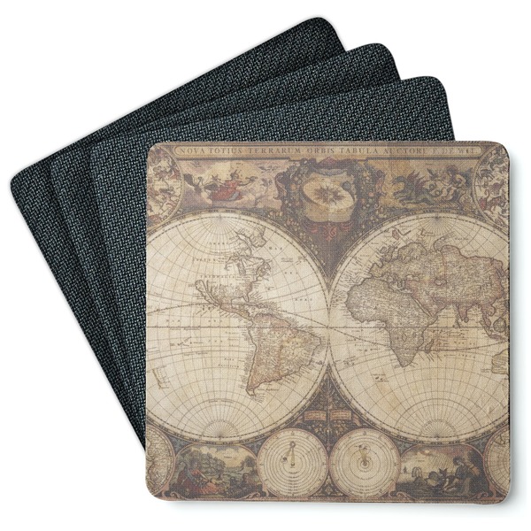 Custom Vintage World Map Square Rubber Backed Coasters - Set of 4