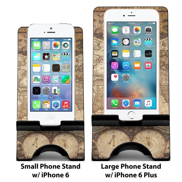 Antique World Map Compare Phone Stand Sizes - with iPhones