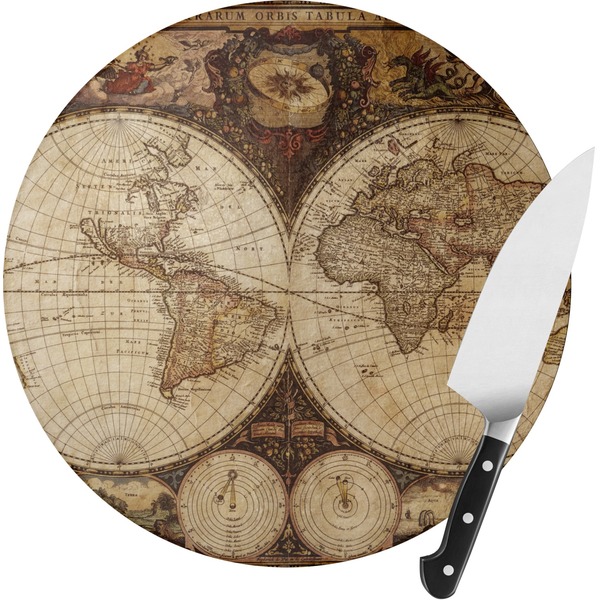 Custom Vintage World Map Round Glass Cutting Board - Medium