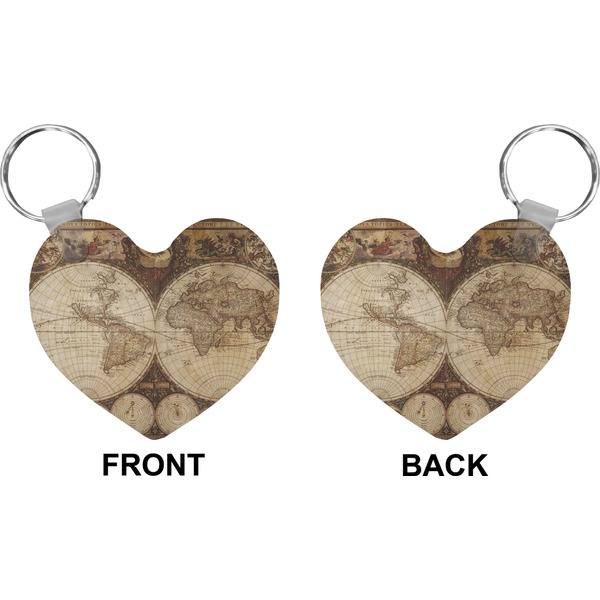 Antique World Map Heart Keychain (Front + Back)