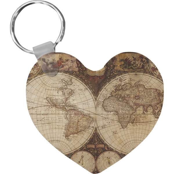 Custom Vintage World Map Heart Plastic Keychain