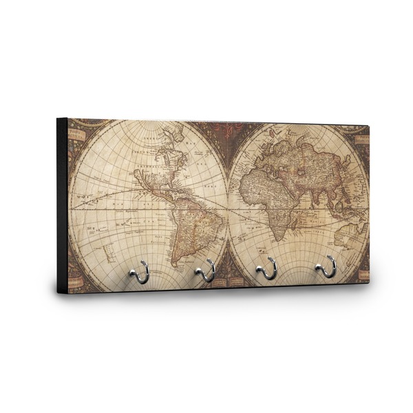Antique World Map Key Hanger - Front View with Hooks