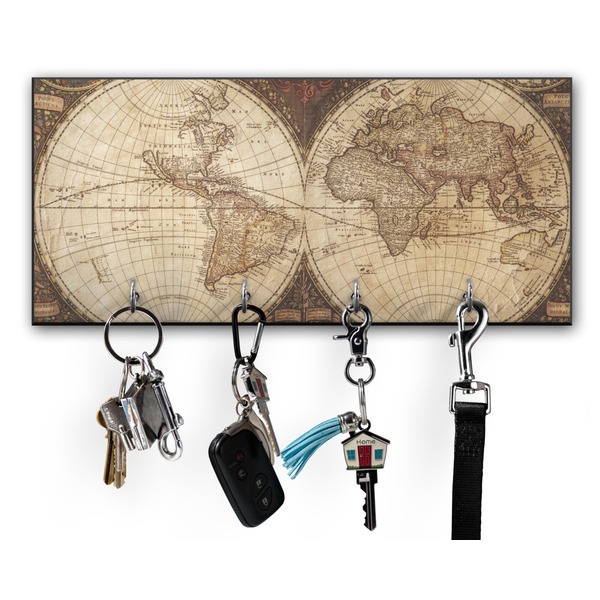 Custom Vintage World Map Key Hanger w/ 4 Hooks