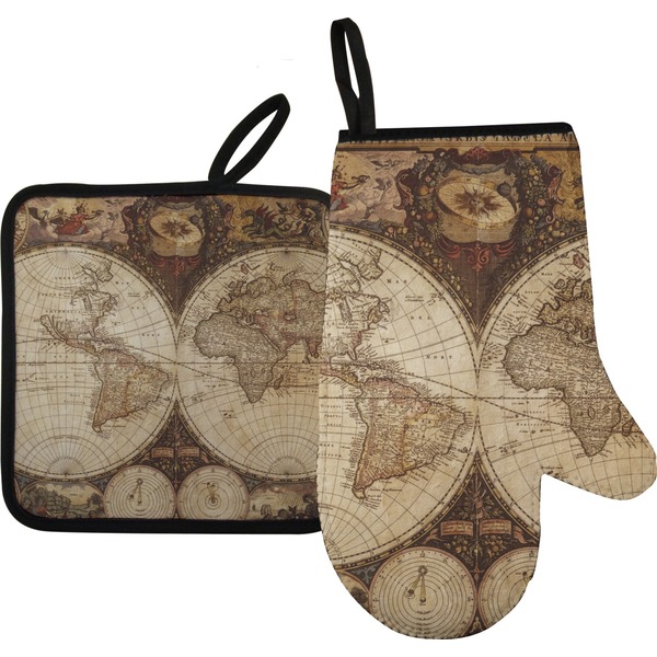 Custom Vintage World Map Oven Mitt & Pot Holder Set