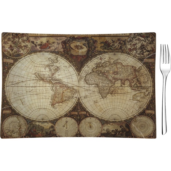 Custom Vintage World Map Rectangular Glass Appetizer / Dessert Plate - Single or Set