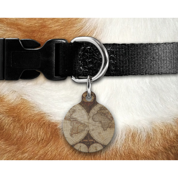 Antique World Map Round Pet Tag on Collar & Dog