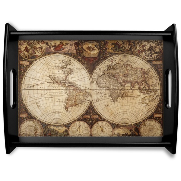 Custom Vintage World Map Black Wooden Tray - Large