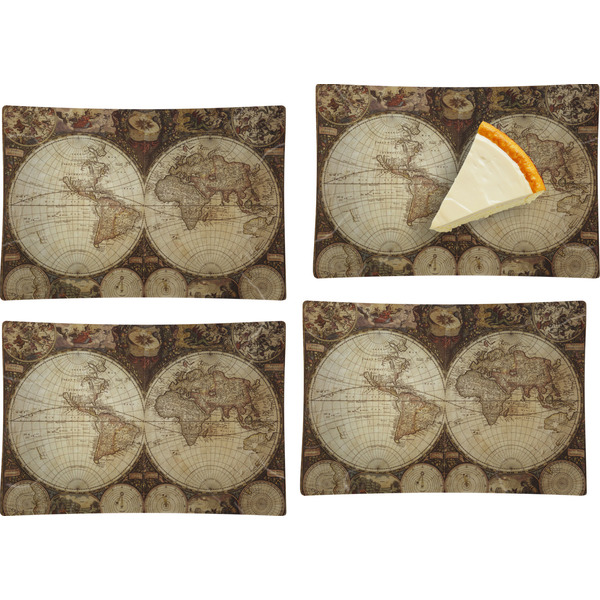 Custom Vintage World Map Set of 4 Glass Rectangular Appetizer / Dessert Plate