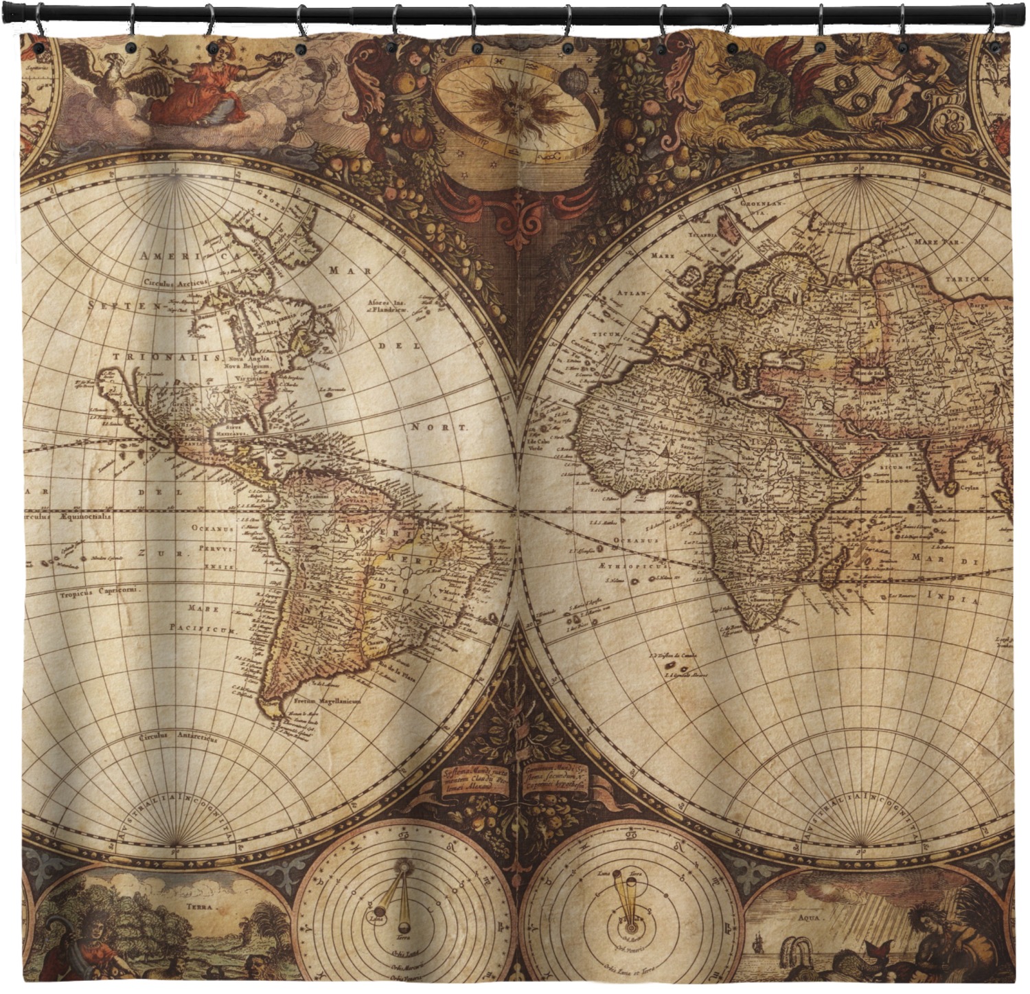Vintage World Map Shower Curtain, Old World Map Shower Curtain