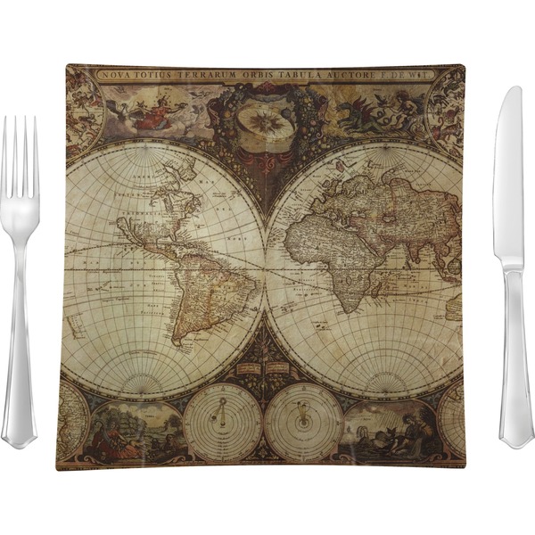 Custom Vintage World Map Glass Square Lunch / Dinner Plate 9.5"
