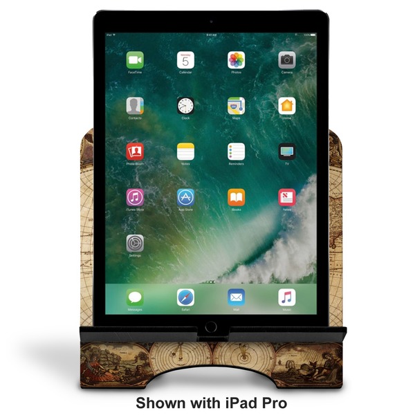 Antique World Map Stylized Tablet Stand - Front with ipad