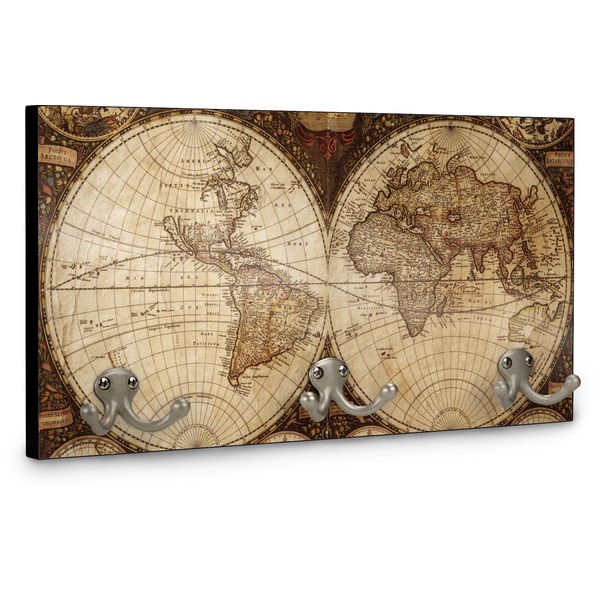 Antique World Map Wall Mounted Coat Hanger - Side View