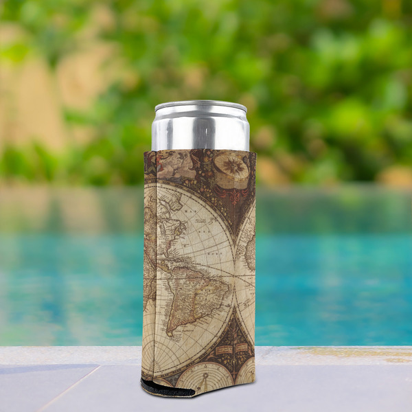 Vintage World Map Can Cooler - Tall 12oz - In Context