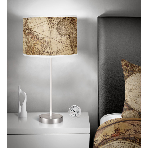 Vintage World Map 13 inch drum lamp shade - in room