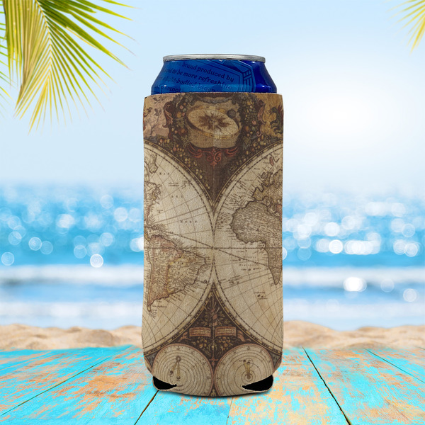 Vintage World Map 16oz Can Sleeve - LIFESTYLE
